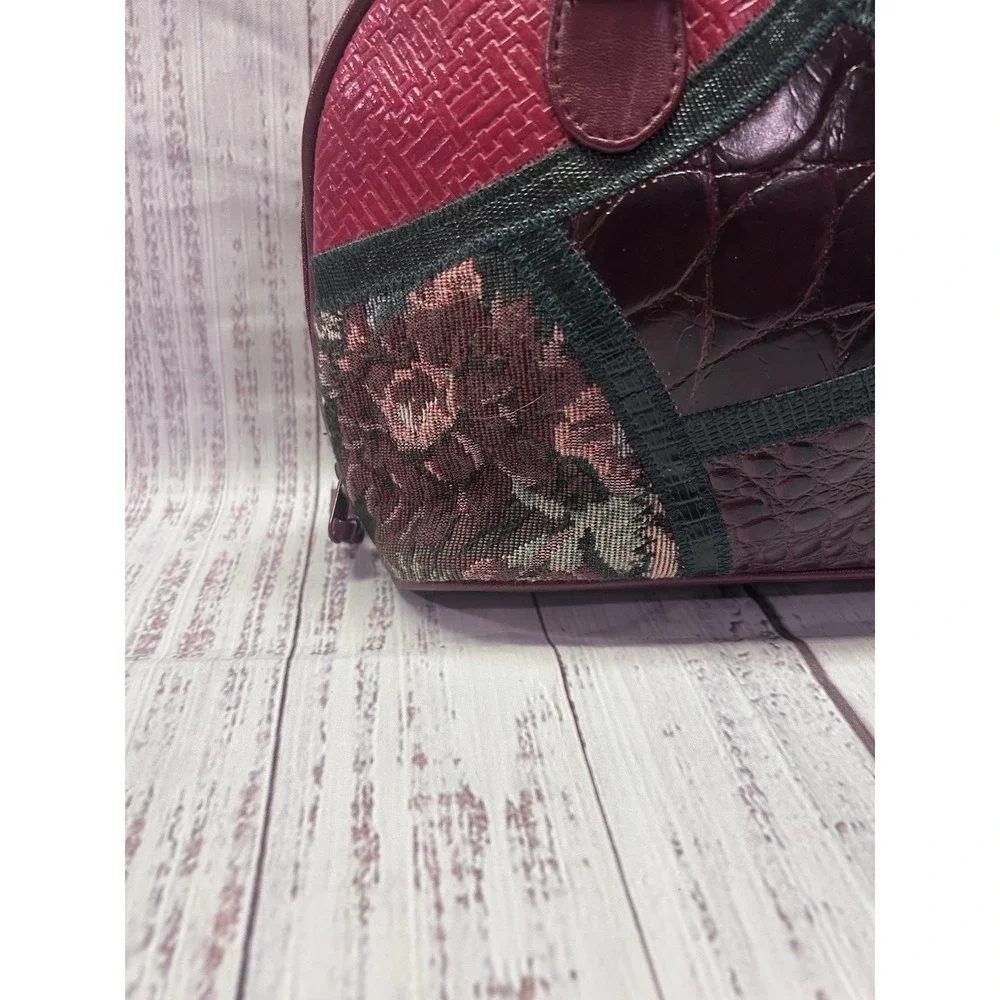 Vintage Style Burgundy Patchwork Satchel Floral Tapestry Croc Embossed Dome Bag